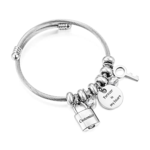 abooxiu Lock Cremation Bracelet for Ashes Key Ash Bracelet Stainless Steel Urn Bracelets for Ashes for Women Memorial Ashes Holder - Never Say Goodbye&Forever in my heart - style: Lock-engraving