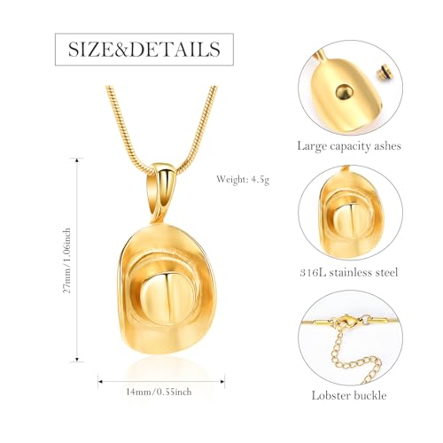 Hearbeingt Cowboy Hat Urn Necklace for Ashes Cremation Jewelry - color: Gold