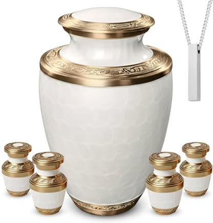 Family Tribute Eco-Friendly White & Gold Cremation Urn for Ashes Set – Large Adult Funeral Urn (220lbs) with 4 Small Urns & 1 Memorial Necklaces (White & Gold Premium URN Set, URN Set) - color: White & Gold Premium Urn Set
