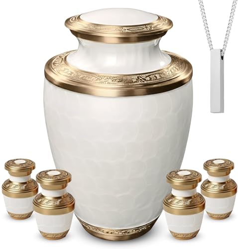 Family Tribute Eco-Friendly White & Gold Cremation Urn for Ashes Set – Large Adult Funeral Urn (220lbs) with 4 Small Urns & 1 Memorial Necklaces (White & Gold Premium URN Set, URN Set) - color: White & Gold Premium Urn Set