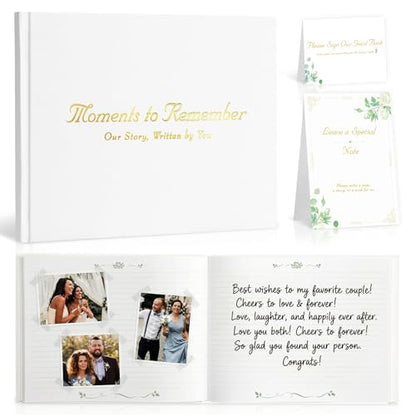Wedding Guest Book Set, White Linen Hardcover, Gold Foil, 120 Pages - color: White