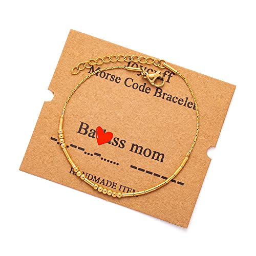 JoycuFF Inspirational Morse Code Bracelets for Women Silver Beads Jewelry Encouragement Mantra Gifts for Her - style: Gold B----s Mom