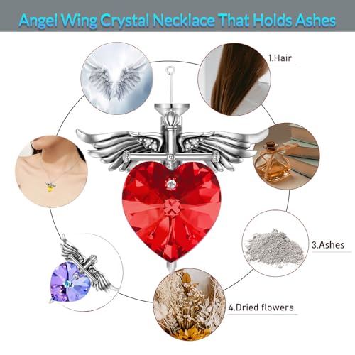 SOULMEET Memorial Wings Necklace for Ashes with Large Heart Crystal Birthstone, Angel Wings Urn Necklaces with Heart Shaped Birthstone Keepsake Silver Cremation Jewelry - style: G-July