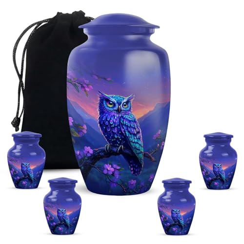 Owl Urns for Human Ashes - Purple Urn for Ashes for Mom 10 & 3" (Set of 5) - color: Owl-1, size: 10 Inch & 3 Inch