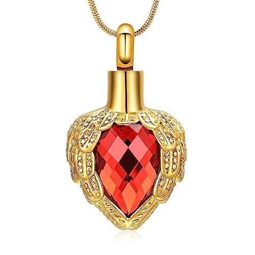 memorial jewelry Gold Angel Wings Glass Heart Urn Pet/Human Cremation Pendant Necklace Jewelry for Ashes - color: Red
