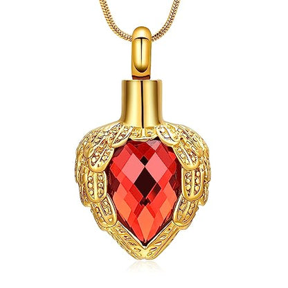 memorial jewelry Gold Angel Wings Glass Heart Urn Pet/Human Cremation Pendant Necklace Jewelry for Ashes - color: Red