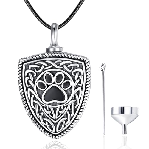 Dreamboat Pet Urn Necklace for Dog Cat Ashes 925 Sterling Silver Paw Print Cremation Keepsake Pendant Celtic Knot Memorial Jewelry Gifts for Women Men - style: 02A-Shield (Silver)