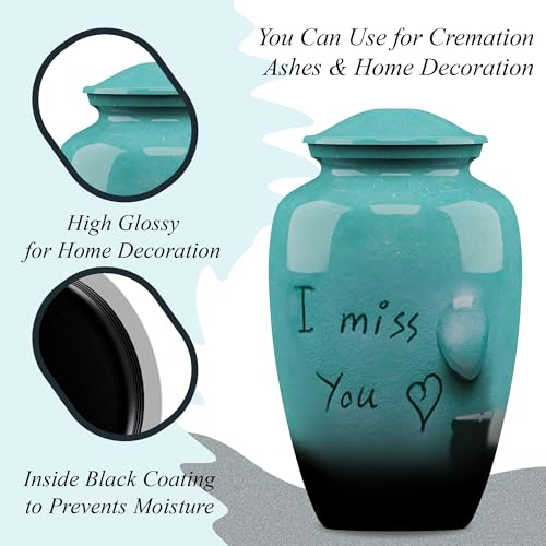 Forever URNS Adult Cremation Funeral Urn with Printed I Miss You Theme for Human Ashes of Female & Male | 200 cu in | Large | Sea Green | Completely Handcrafted with Velvet Protection Bag