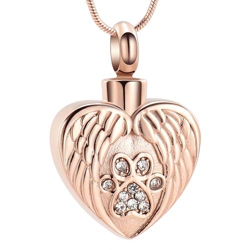 Heart Paw Print Urn Necklace for Ashes for Pet Stainless Steel Pendant - color: Rose Gold