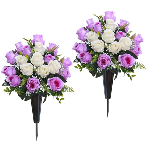 Lodou Set of 2 Artificial Cemetery Flowers, Memorial Flowers Bouquet,Grave Memorial Flowers with Vase for Cemetery Headstones Decoration (Purple White) - color: Purple White