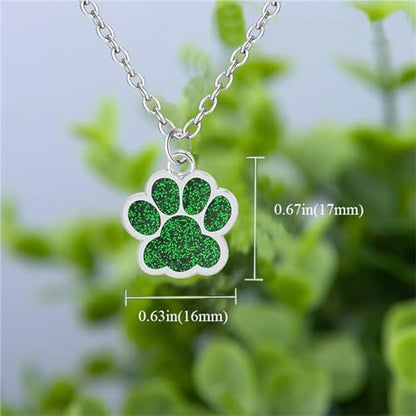 Dreuyet Paw Necklace and Earrings Set for Women Glitter Cute Dog Cat Pet Paw Print Pendant Necklace Earrings Lovely Animal Charm Jewelry Set Gifts - color: Silver Green