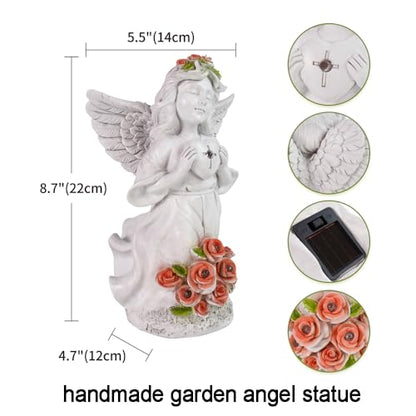 Solar Light Angel Garden Statues Sculptures for Grave Decoration | Weatherproof, Sympathy Cemetey Decoration, Outodor Angel Gifts for Mom Grandma, Handmade of Resin, 8.7" Tall