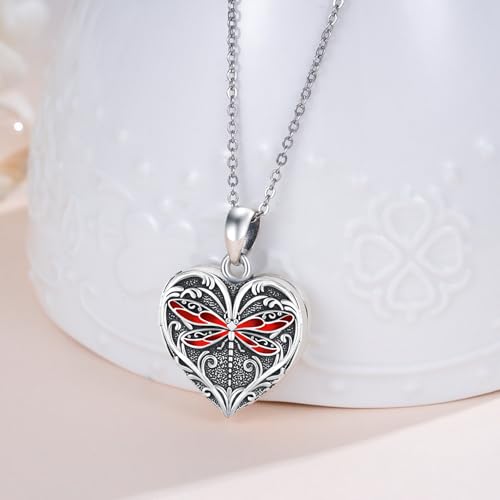 Heart Photo Locket Necklace Sterling Silver for Women | Dragonfly, Butterfly, Turtle, Dog Paw and Mother Daughter Styles, Jewelry Gifts for Mom Christmas Birthday Anniversary. - style: 1-Dragonfly-Red