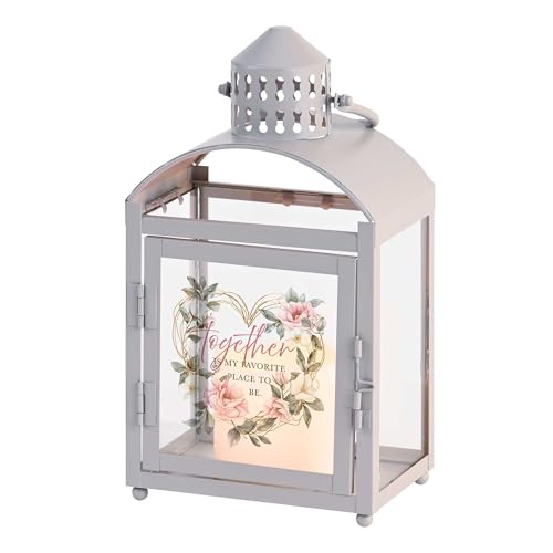 Magnolia Garden 10.5 Inch Grey Metal Arched Lantern – LED Candle Home Decor – Wedding Floral-Accented Heart – “TogetherIs My Favorite Place to Be - size: 4 x 4 x 10.5, style: Together Is My Favorite Place