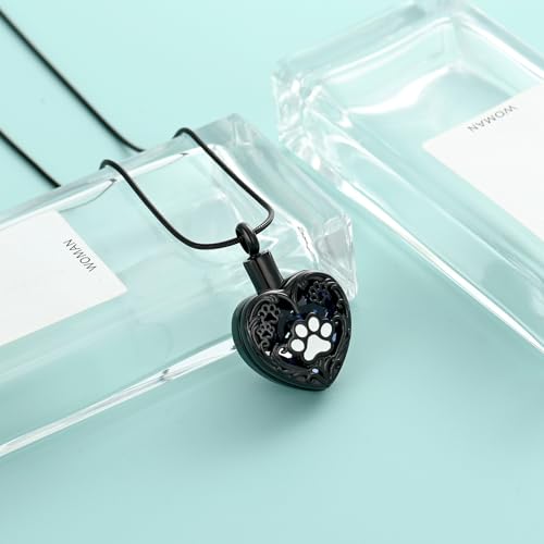 Heart Urn Necklace For Ashes Birthstone Pet Memorial Jewelry Dog Paw Print Cremation Pendant Stainless Steel Keepsake Gift For Pet Lovers - color: Black purple