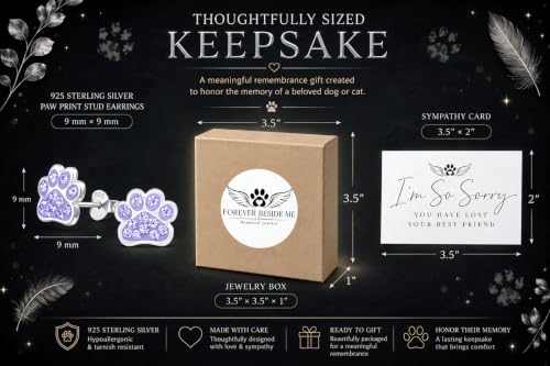 925 Sterling Silver Paw Print Stud Earrings with Jewelry Box and Sympathy Card, Pet Memorial Gift for Dog or Cat Loss Remembrance - color: Light Purple