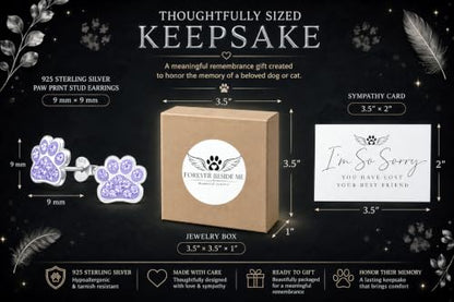 925 Sterling Silver Paw Print Stud Earrings with Jewelry Box and Sympathy Card, Pet Memorial Gift for Dog or Cat Loss Remembrance - color: Light Purple
