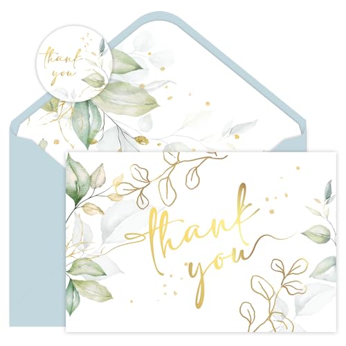 48 Pack Green Thank You Cards With Envelopes, Eucalyptus Leaves Thank You Card, Summer Wedding Bridal Appreciation Banquet, Baby Shower, Graduation Ceremony, Birthday Greeting Letter, Blank Cards and Envelopes 4x6 Inch - style: 48pcs - Gold Leaf