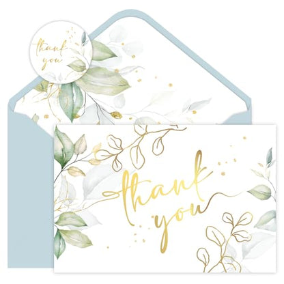 48 Pack Green Thank You Cards With Envelopes, Eucalyptus Leaves Thank You Card, Summer Wedding Bridal Appreciation Banquet, Baby Shower, Graduation Ceremony, Birthday Greeting Letter, Blank Cards and Envelopes 4x6 Inch - style: 48pcs - Gold Leaf