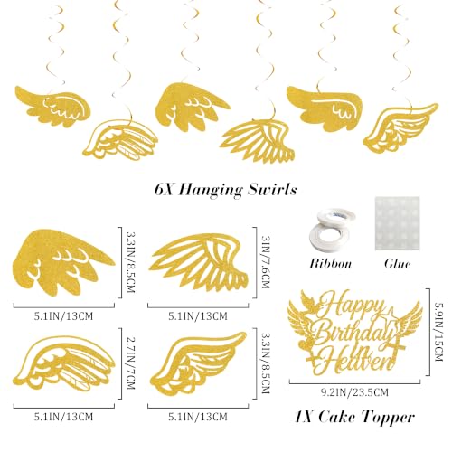 Happy Birthday in Heaven Decorations, Gold Glitter Heavensent Banner Set | Pre-strung Banners, Angel Wings Hanging Swirls Cake Topper White Balloons, Funeral Remembrance Heavenly Party Supplies - color: Gold