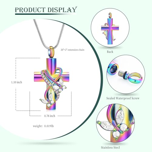 Butterfly Cross Cremation Jewelry Urn Necklaces Stainless Steel Cross Urn Necklaces for Ashes Memorial Keepsake Pendant for Women Gifts With Funnel Kit & Bag - color: Rainbow