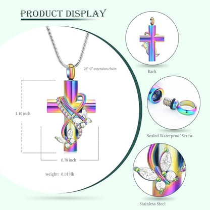 Butterfly Cross Cremation Jewelry Urn Necklaces Stainless Steel Cross Urn Necklaces for Ashes Memorial Keepsake Pendant for Women Gifts With Funnel Kit & Bag - color: Rainbow