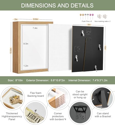 8x10 Shadow Box Frame with Thickened Acrylic Panel & Pins - color: Wood Color+foam Back+foam Packaging, size: 8x10