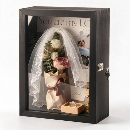 12x17x5 Extra Deep Shadow Box Wall Mounted Lock Black | Hinged door with lock holds wedding bouquet flowers photos medals and keepsakes for wall display perfect for home decor - color: Black