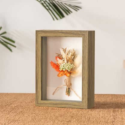 4x6 Small Shadow Box Frame with Ultra-Clear Glass & Soft Linen Back | With Push Pins and Stand, Deep 1.2" Brown Shadow Box Display Case – Display on Tabletop or Wall for Photo, Flower, Keepsakes - color: Brown+high Definition Panel + Shatter-proof Packagi