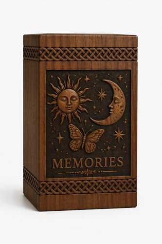 Wooden Keepsake Box Urn for Ashes Memorial Box, Handmade Memory Chest, Celestial Sun Moon Butterfly Engraved Urn[Available urn Box in 5 Different Sizes] ((Full Size 14X7.5 600 Cubic INCHES))