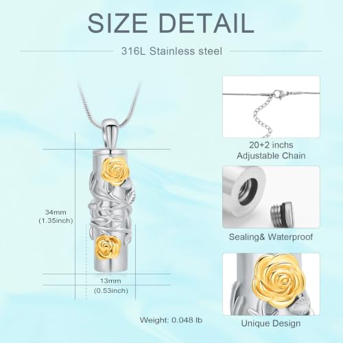Cylinder Urn Necklace for Ashes Roseflower Cremation Jewelry Urn Ashes Necklace for Women Men Memorial Keepsake Necklace of Loved One - color: Silver-Gold
