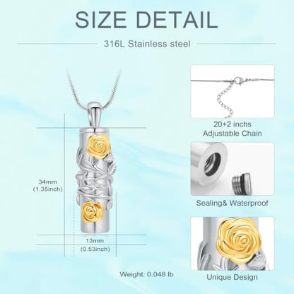 Cylinder Urn Necklace for Ashes Roseflower Cremation Jewelry Urn Ashes Necklace for Women Men Memorial Keepsake Necklace of Loved One - color: Silver-Gold