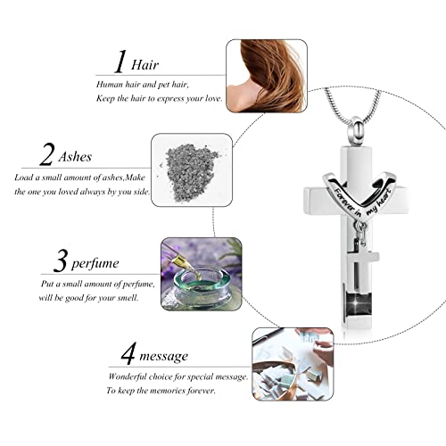 Forever in My Heart Birthstone Personalized Double Cross Urn Pendant Cremation Jewelry for Ashes Cross Ashes Keepsake - color: Silver-Black