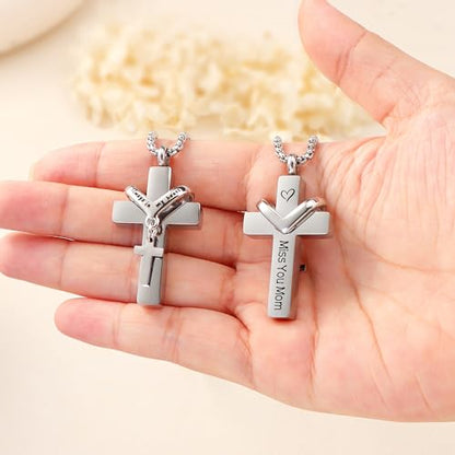 Cremation Cross Necklace for Ashes Cross Urns Locket Pendant Ashes Holder Stainless Steel Memorial Jewelry - style: Miss You Mom