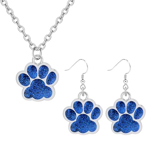 Dreuyet Paw Necklace and Earrings Set for Women Glitter Cute Dog Cat Pet Paw Print Pendant Necklace Earrings Lovely Animal Charm Jewelry Set Gifts - color: Silver Blue