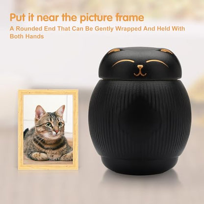 Ceramic Cat Urn for Ashes - Pet Memorial Box with Secure Lid - color: Black