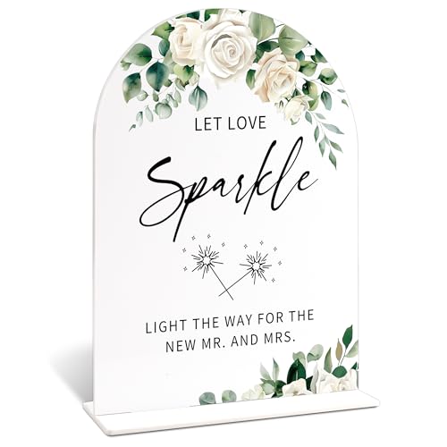 Acrylic Wedding Signs for Ceremony And Reception, White Rose Let Love Sparkle Sign, Bridal Shower Centerpieces for Tables with Base, Engagement, Anniversary and Wedding Essentials for Ceremony - color: White