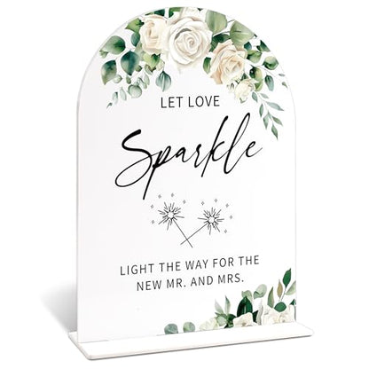 Acrylic Wedding Signs for Ceremony And Reception, White Rose Let Love Sparkle Sign, Bridal Shower Centerpieces for Tables with Base, Engagement, Anniversary and Wedding Essentials for Ceremony - color: White