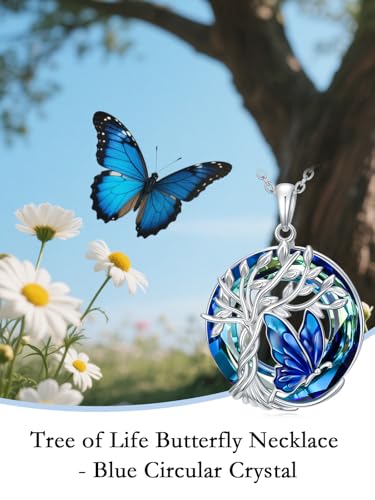 TOUPOP Butterfly Necklace for Women 925 Sterling Silver Tree of Life Butterflies Dragonfly Hummingbird Pendant Necklaces Crystal Jewelry Anniversary Christmas Birthday Gift for Her - color: Butterfly Blue