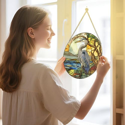 Stained Glass Window Hanging, 8 Inch Blue Heron Suncatcher Ornament, Stained Glass Suncatchers for Windows Hanging, Christmas, Mother's Day, Birthday, Bird Lover Gifts for Mom, Grandma, Women & Men - color: Heron