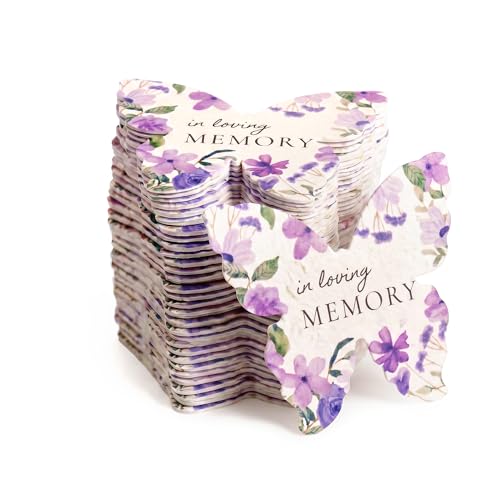 50 Plantable Butterfly Memorial Gift Tags, in Loving Memory | Writable wildflower tags for funeral favors, sympathy gifts, remembrance of a mother, father, or loved one - color: Printed In Loving Memory, style: Butterfly