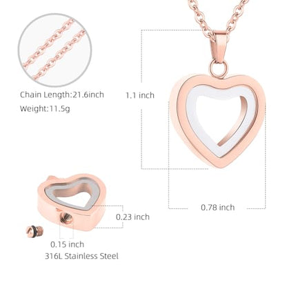 Glass Heart Cremation Urn Necklace for Ashes Stainless Steel Memorial Ash Pendant Keepsake Jewelry Cremation Jewelry for Women - color: Rose Gold