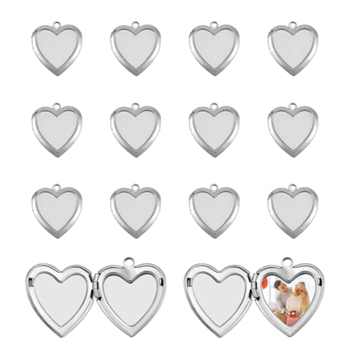 UNICRAFTALE 15Pcs Heart Photo Frame Charms Stainless Steel Picture Locket Charm Metal Locket Pendants Photo Memory Necklace Chain Bouquet Picture Charm for Women Men Wedding Jewelry Making