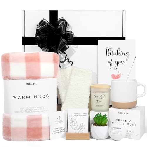 Suhctuptx Get Well Gifts for Women, Feel Better Self Care Package for Women, Get Well Soon Gift Baskets Thinking of You Box Set with Throw Blanket for After Surgery Recovery Sick Friend Cancer Chemo - color: White