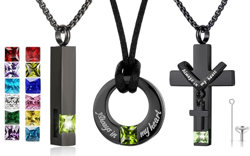 YOUFENG 3 Pieces Cremation Urn Necklaces for Ashes Keepsake Cremation Jewelry Cross Round Bar Birthstone Crystal Stainless Steel Memorial Pendant for Women Men - color: Olivine