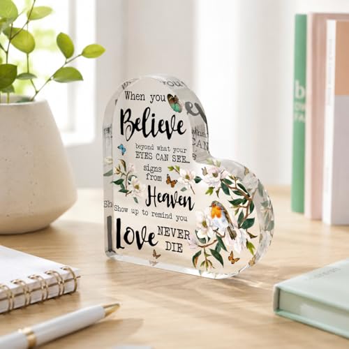 Smile Memorial Acrylic Tabletop Plaque, Heart Shaped Heaven Signs Love Never Dies Themed Decorative Sign with Magnolia Bird Butterfly Elements for Home Decor and Sympathy Gift - style: Memorial