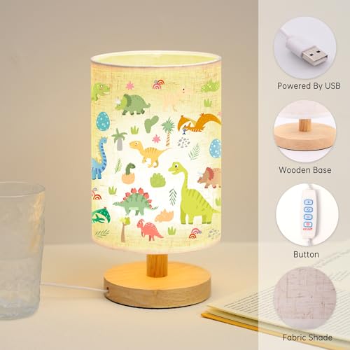 WSYEAR Bedside Table Lamp for Bedroom with Dinosaur Pattern Printed Shade 3-Way Dimmable Small Lamp with Wood Base for Living Room, Desk, Dorm, Home Office - color: Dinosaur Pattern
