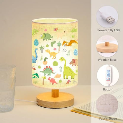 WSYEAR Bedside Table Lamp for Bedroom with Dinosaur Pattern Printed Shade 3-Way Dimmable Small Lamp with Wood Base for Living Room, Desk, Dorm, Home Office - color: Dinosaur Pattern