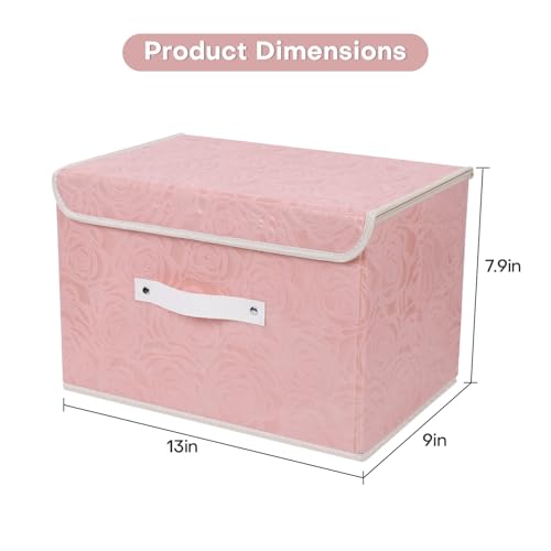 ANMINY Fabric Storage Box Bins with Lids, Rose Print, Pink, 2PCS Medium | Keepsake Memory Storage, Nonwoven Fabric, PP Board Frame, Washable, PU Handles, Foldable Stackable, Decorative, 13"x9"x7.9" - size: Medium (Pack of 2)