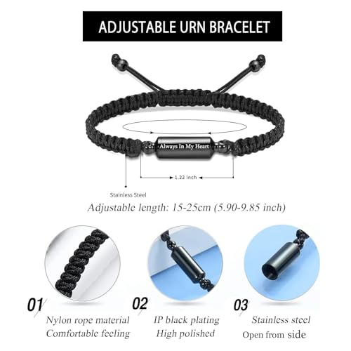 Hearbeingt Cylinder Cremation Bracelet for Ashes Adjustable Rope Urn Bangle - color: A-Black Always In My Heart